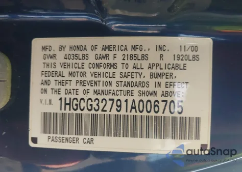 2001 Honda Accord 2.3 Ex z USA, uszkodzony, nr VIN 1HGCG32791A006705